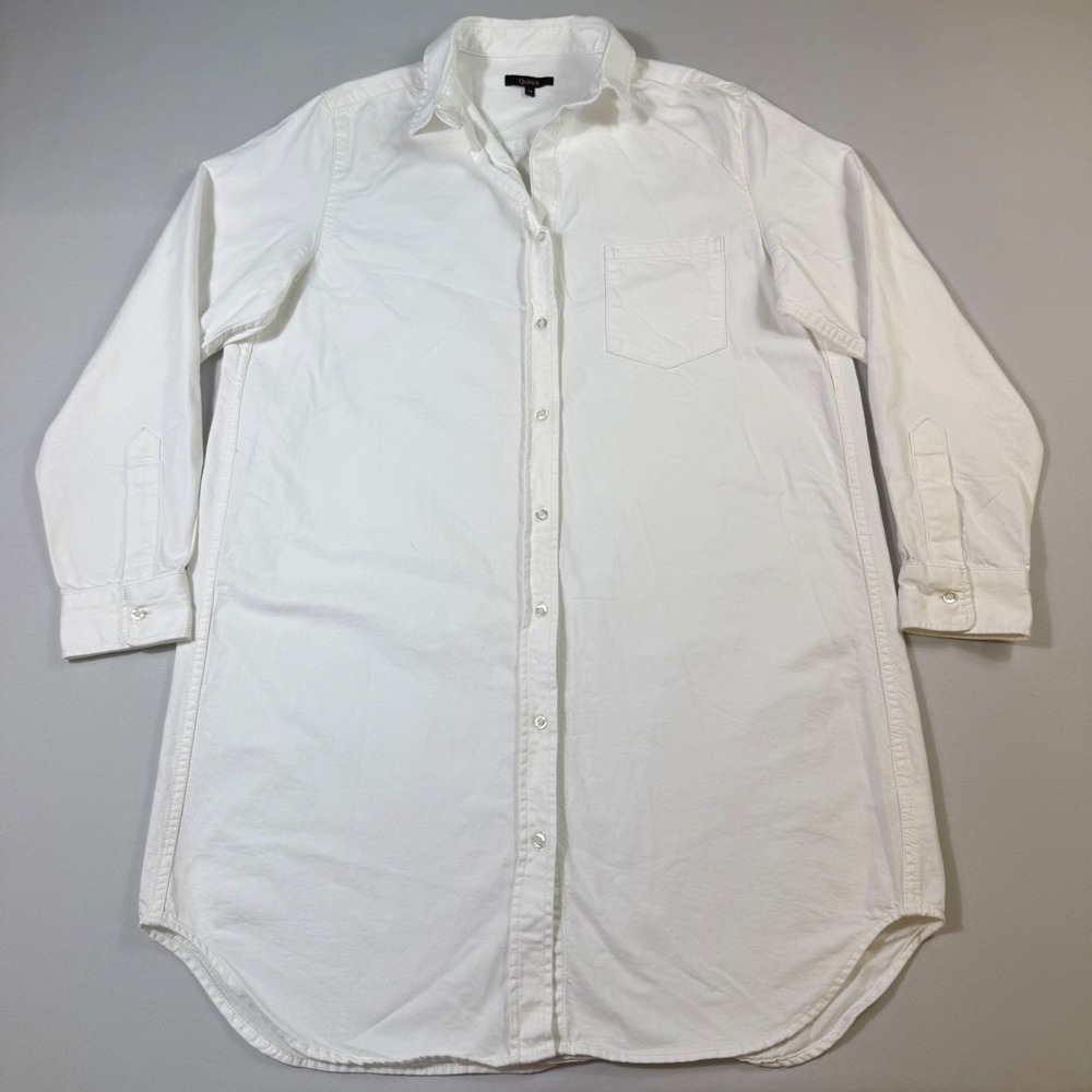 Quince Distressed Denim Shirt Dress Womens M Off-White Long Sleeve Cotton Casual